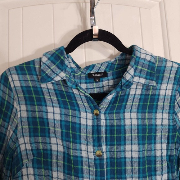 Tolani Womens Flannel Blue Green Plaid Slubbed Cotton Pleated Back Blouse Top M - Picture 3 of 11